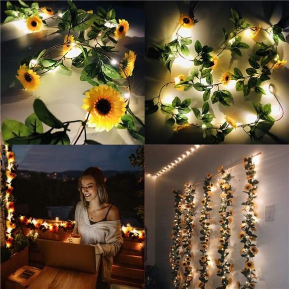 2 Pack 8.8FT Artificial Sunflower Garland with 100 LED Fairy String Lights, Vine - Picture 2 of 7